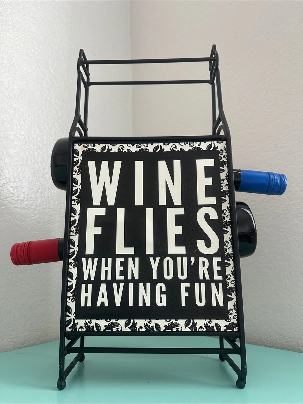 Wine Bottle Rack Décor ‘Wine Flies When You’re Having Fun’-used-good condition